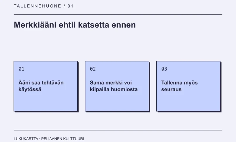 Lukukartta: Merkkiääni ehtii katsetta ennen. Ääni saa tehtävän käytössä, Sama merkki voi kilpailla huomiosta, Tallenna myös seuraus.
