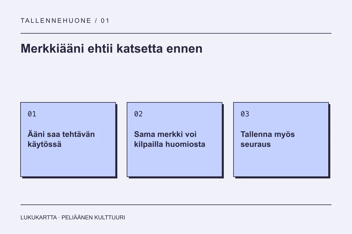 Lukukartta: Merkkiääni ehtii katsetta ennen. Ääni saa tehtävän käytössä, Sama merkki voi kilpailla huomiosta, Tallenna myös seuraus.