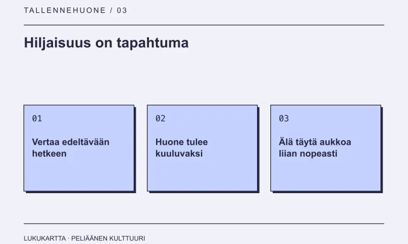 Lukukartta: Hiljaisuus on tapahtuma. Vertaa edeltävään hetkeen, Huone tulee kuuluvaksi, Älä täytä aukkoa liian nopeasti.