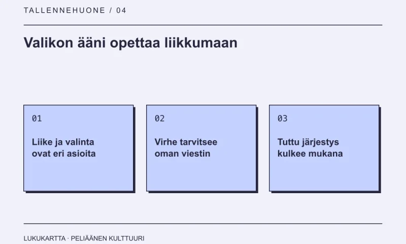 Lukukartta: Valikon ääni opettaa liikkumaan. Liike ja valinta ovat eri asioita, Virhe tarvitsee oman viestin, Tuttu järjestys kulkee mukana.
