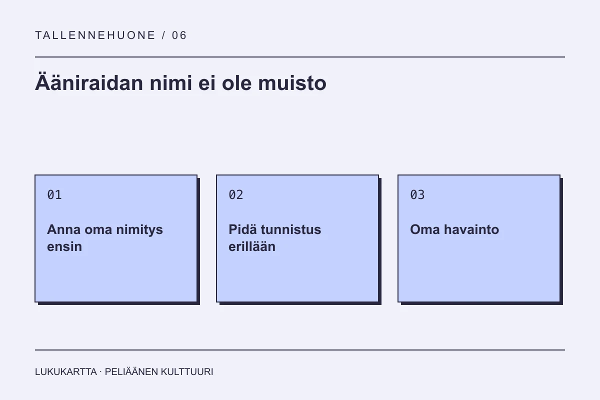 Lukukartta: Ääniraidan nimi ei ole muisto. Anna oma nimitys ensin, Pidä tunnistus erillään, Oma havainto.