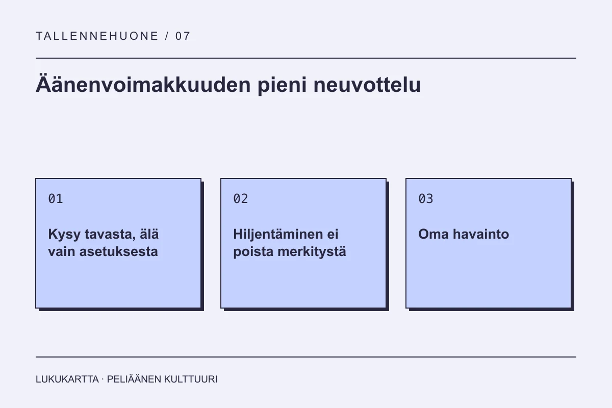 Lukukartta: Äänenvoimakkuuden pieni neuvottelu. Kysy tavasta, älä vain asetuksesta, Hiljentäminen ei poista merkitystä, Oma havainto.