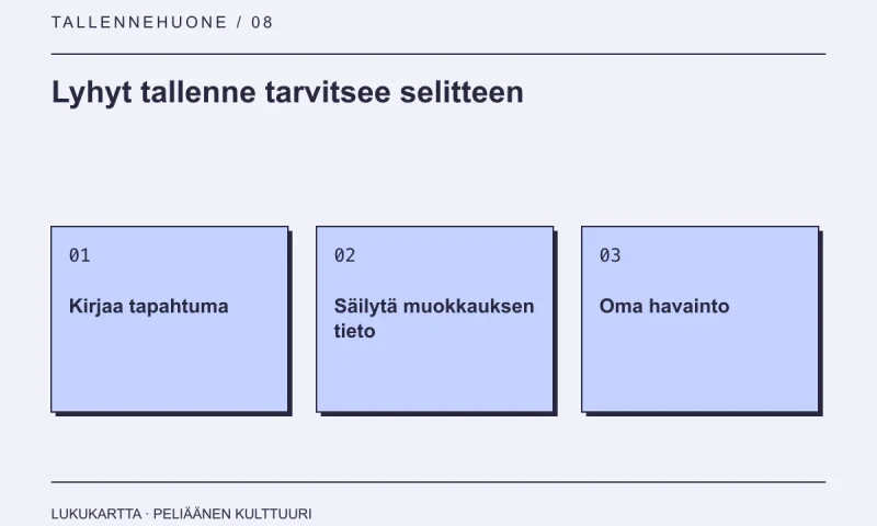 Lukukartta: Lyhyt tallenne tarvitsee selitteen. Kirjaa tapahtuma, Säilytä muokkauksen tieto, Oma havainto.