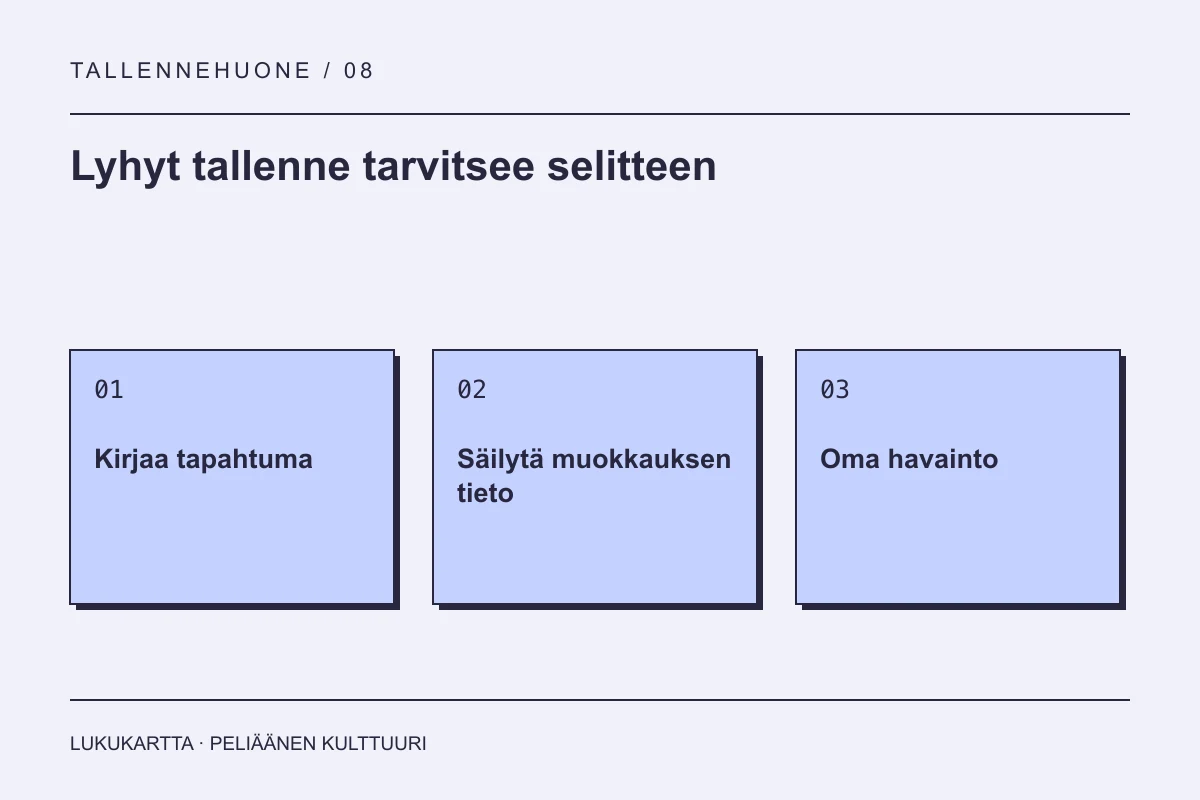 Lukukartta: Lyhyt tallenne tarvitsee selitteen. Kirjaa tapahtuma, Säilytä muokkauksen tieto, Oma havainto.